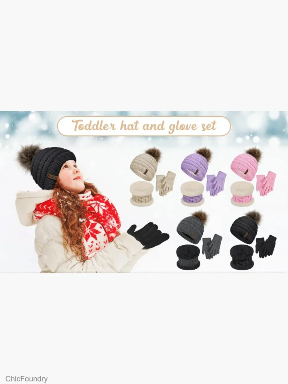 Kids Winter Pompom Hat and Gloves Set Fleece Lined Warm